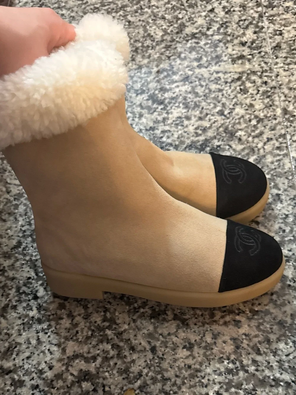 CHANEL Beige Stretch Boots with White Shearling Cuff and Black Cap Toe